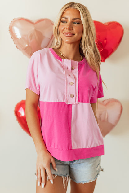 Two Tone Half Buttons Collared T Shirt | Pink