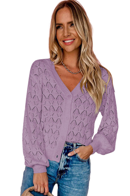 Lightweight Buttoned Front Crochet Cardigan | Purple