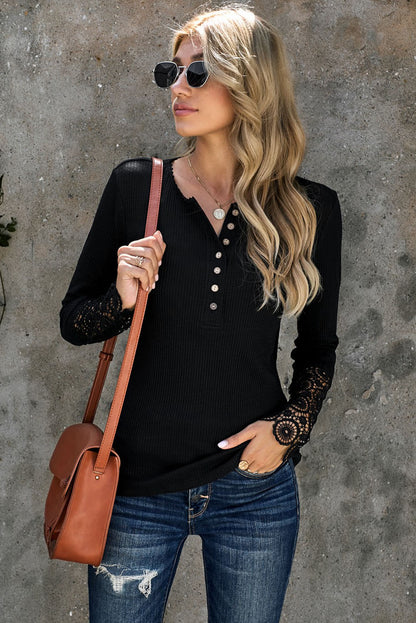 Crochet Lace Hem Sleeve Button Top | Black