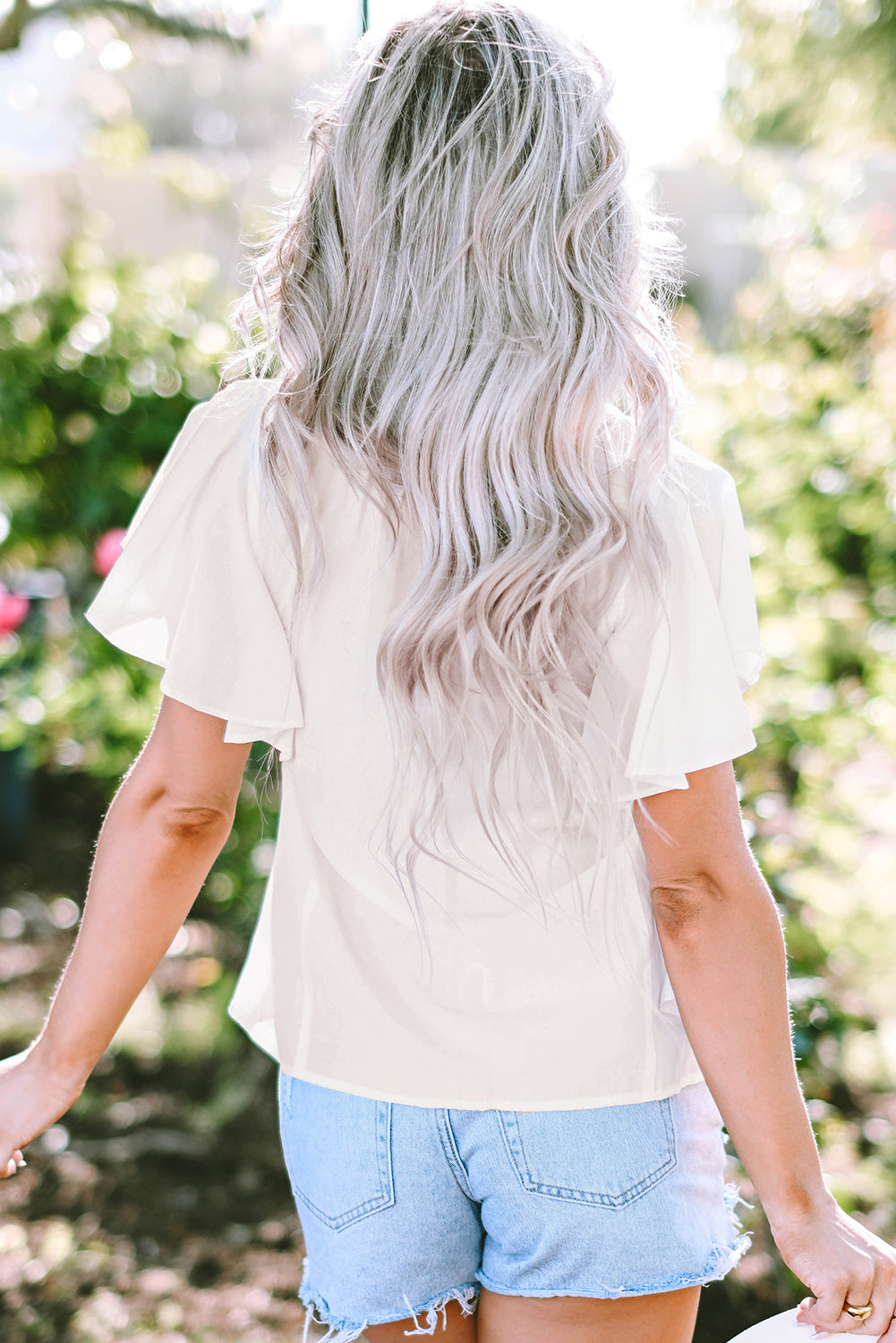 V Neck Pleated Front Ruffled Sleeve Shirt | White