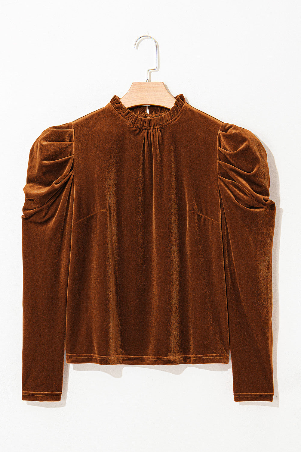 Frilled Collar Puff Sleeve Velvet Top | Chestnut