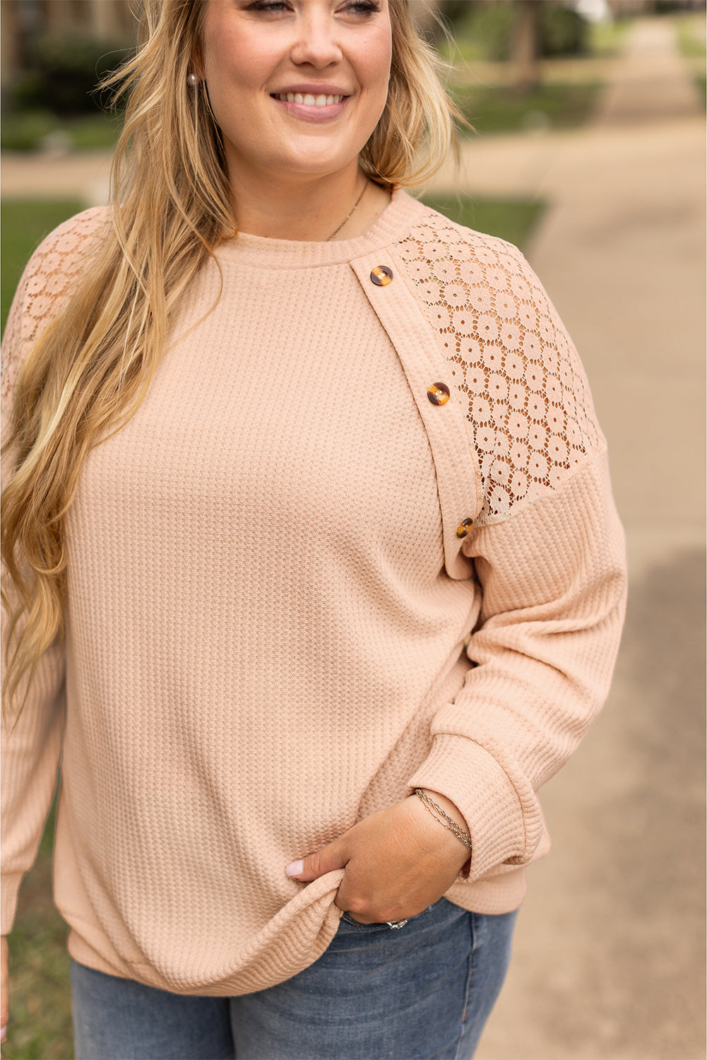 Plus Size Lace Patchwork Buttons Waffle Knit Top | Beige