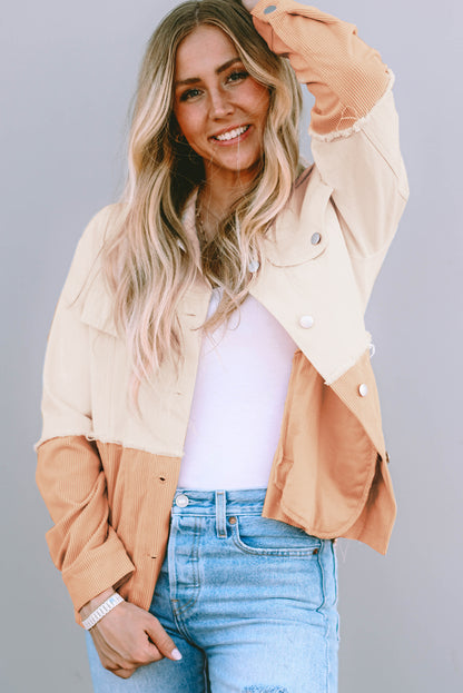 Two Toned Colourblock Cord Chambray Flap Pockets Jacket | Khaki