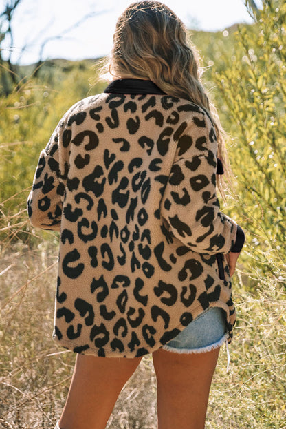 Contrast Trimmed Leopard Teddy Shacket | Black