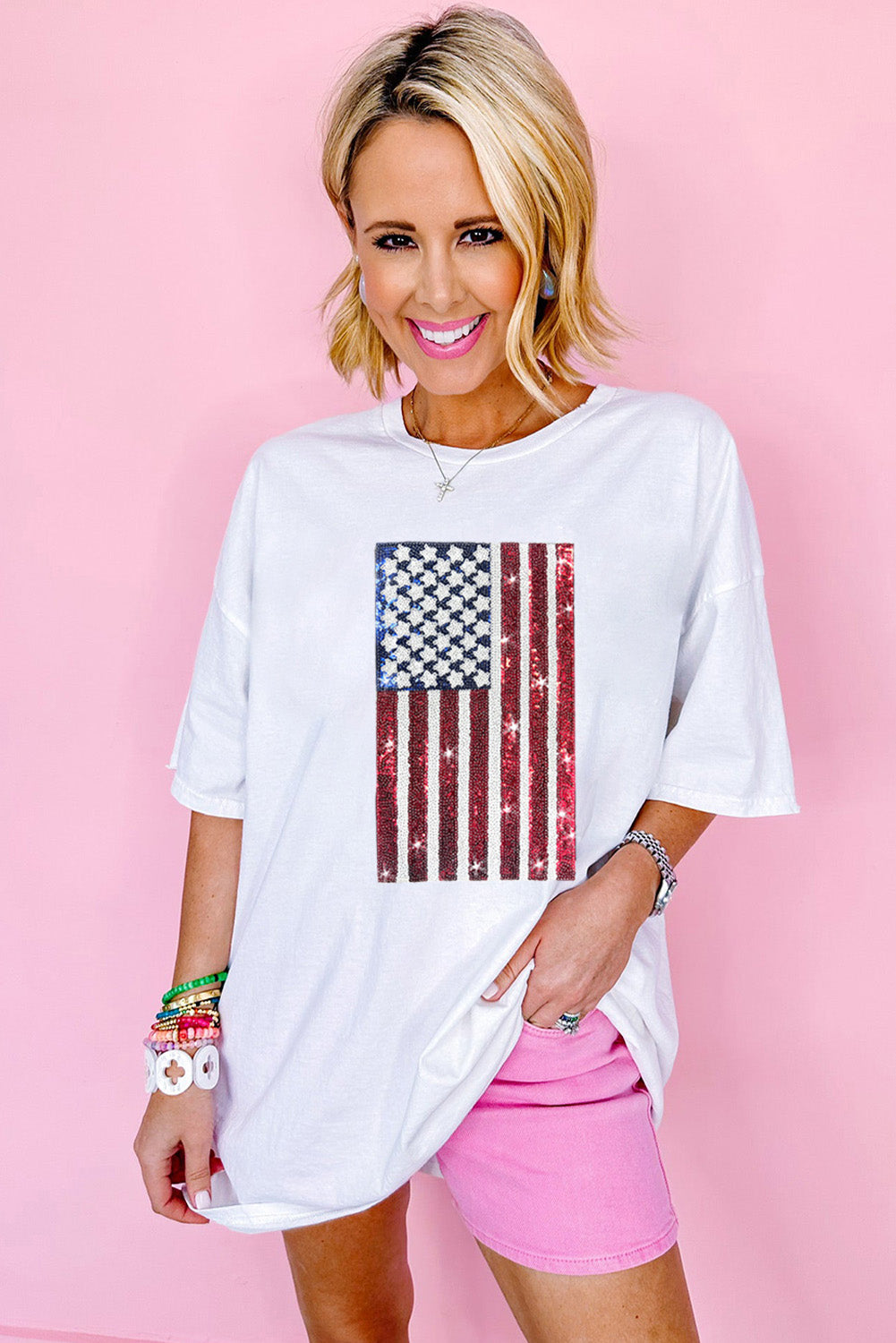 Sequined American Flag Crewneck Oversized Tee | White