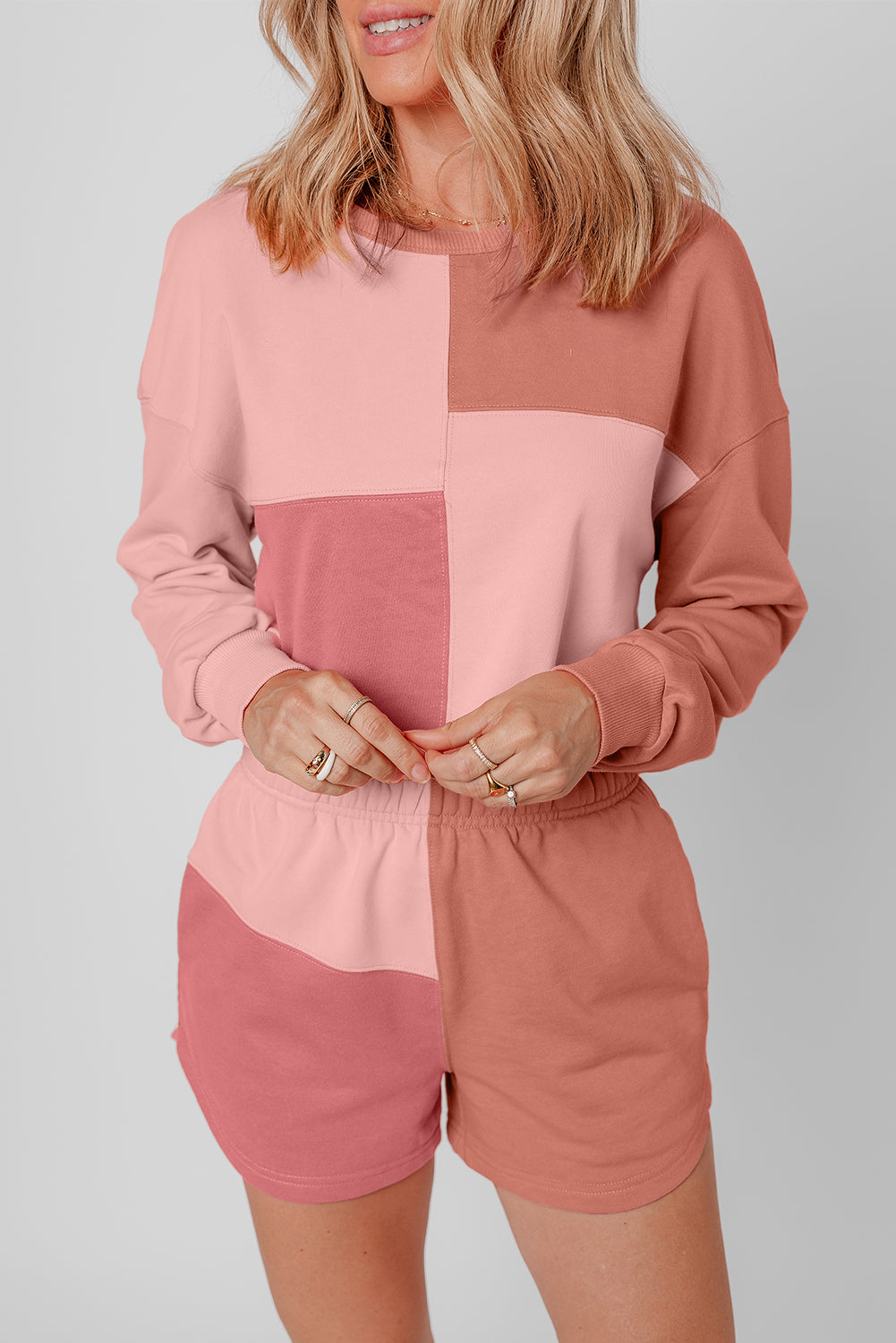 Colourblock Patchwork Long Sleeve Shorts Outfit | Peach Blossom