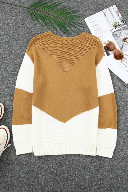 Two-Tone Chevron Pullover Sweater | Brown