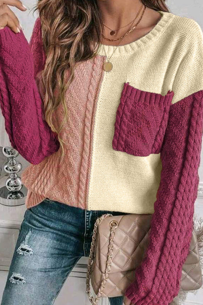 Rose Tan Colorblock Patched Pocket Drop Shoulder Sweater