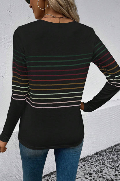 Multicolour Striped Crew Neck Long Sleeve Top | Black