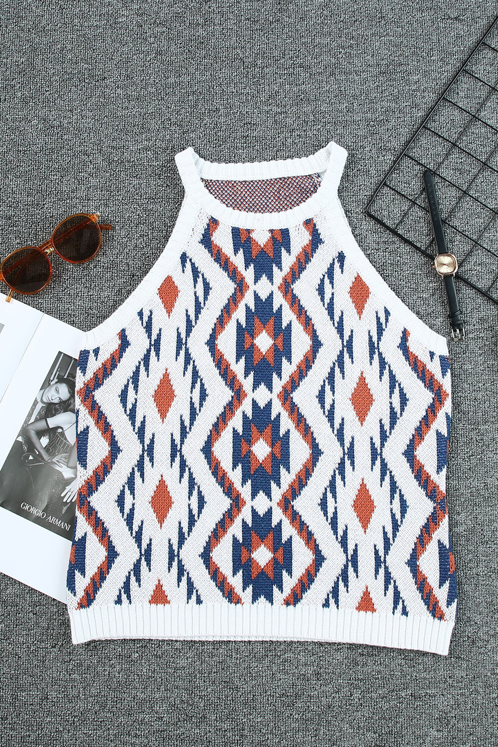 Aztec Geometric Print Knitted Tank Top | White