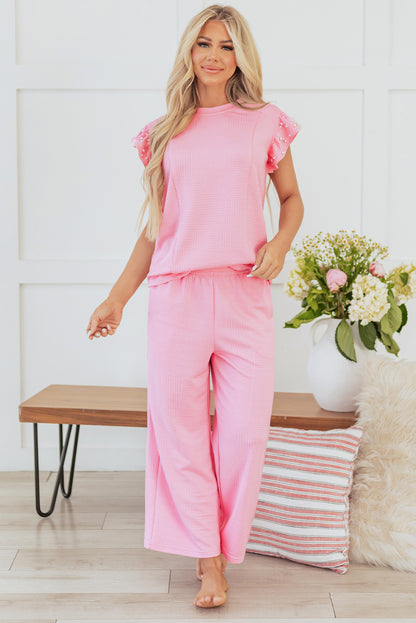 Textured Pearled Ruffled Sleeve Wide Leg Pants Set | Pink