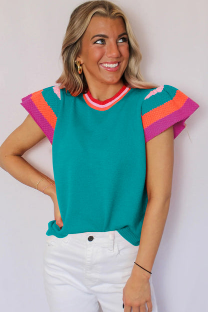 Contrast Flutter Sleeves Knitted Sweater T Shirt | Turquoise