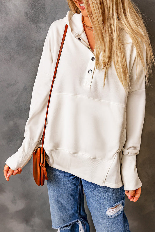 White Batwing Sleeve Pocketed Henley Hoodie