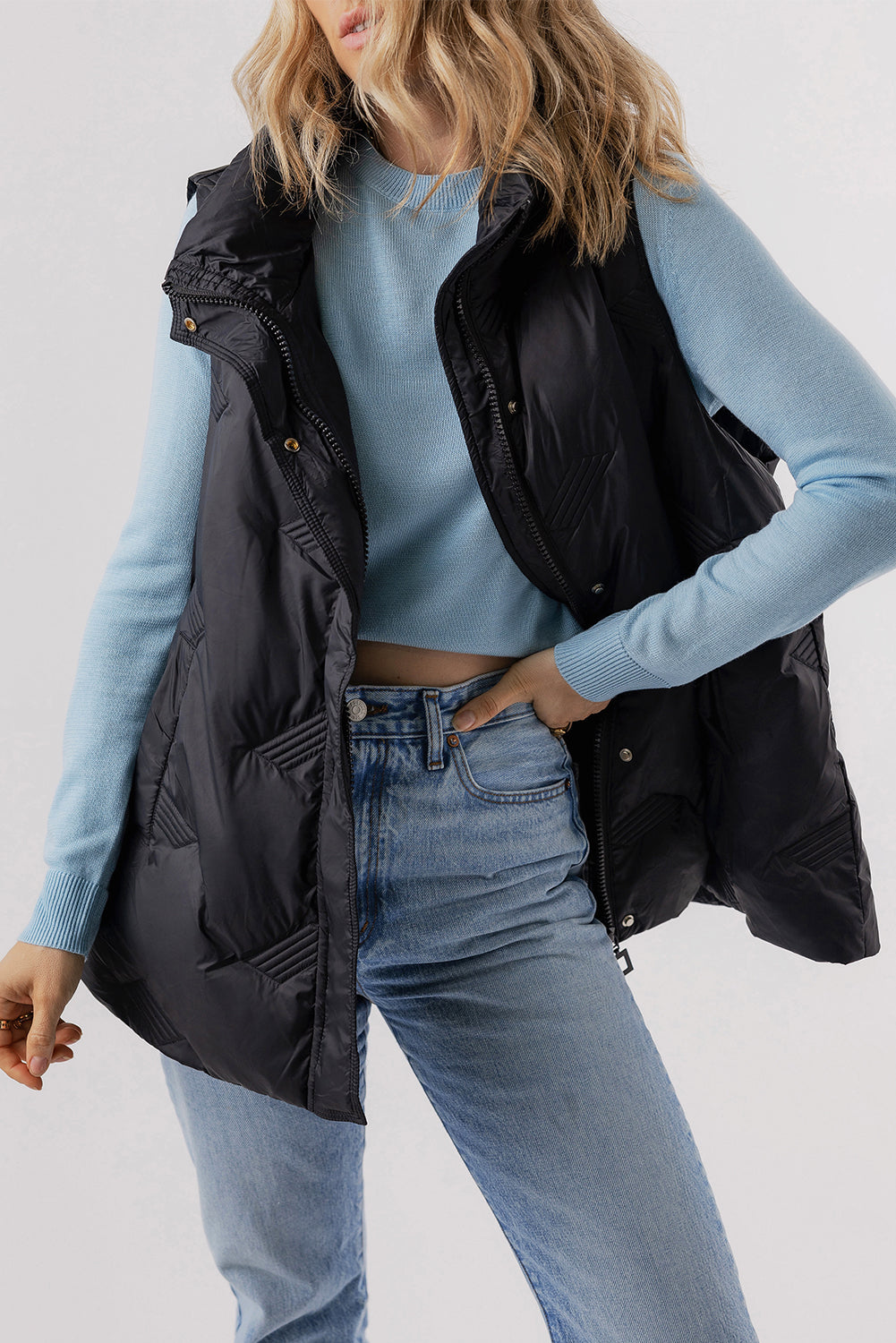 Quilted High Neck Zip Up Jacket Vest | Black