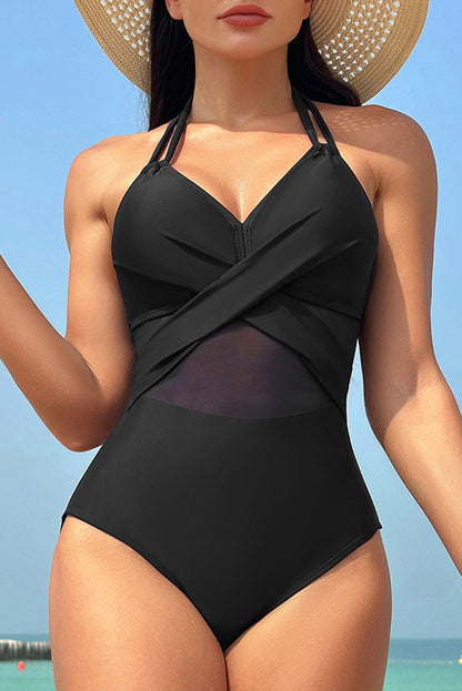 Black Halter Mesh Insert Cross Front One-Piece Swimsuit