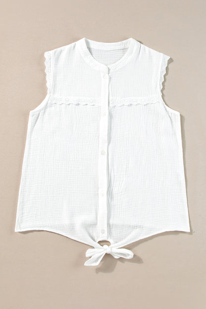 Lace Trim Crinkle Knot Hem Sleeveless Shirt | White