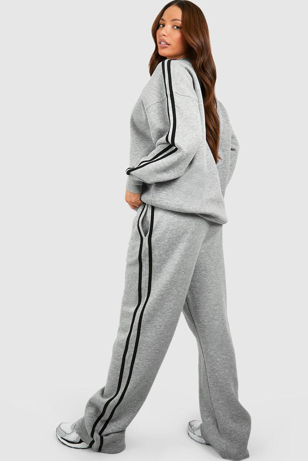 Solid Colour Side Striped Sweatshirt Active Set | Light Grey