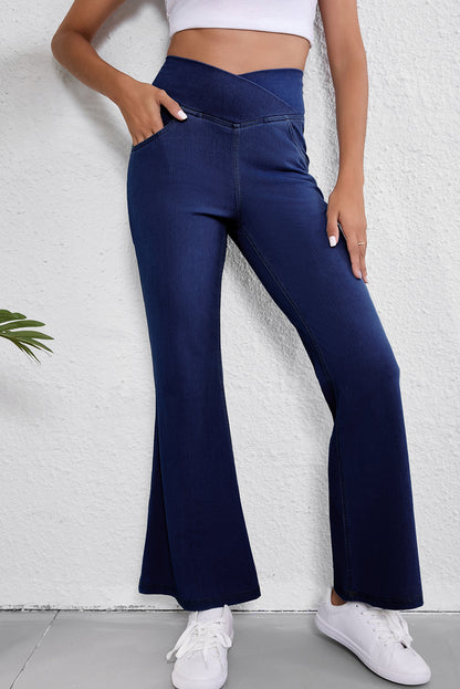 Solid Crossed Waist High Elastic Fit Flare Knit Jeans | Dusk Blue