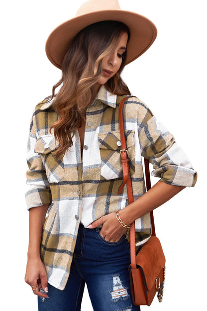 Button-Up Pocket Long Sleeve Plaid Shacket | Khaki