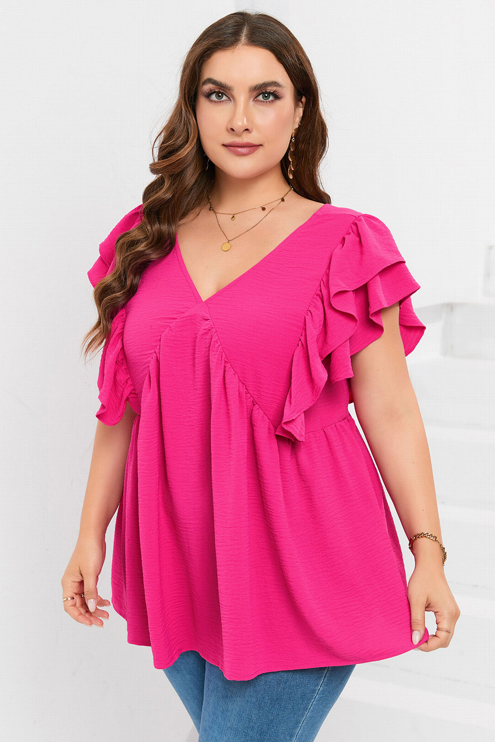 Plus Size Ruffle V Neck Tie Back Tunic Top | Pink