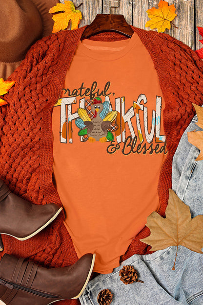 Grateful Thankful Blessed Turkey Graphic Thanksgiving T Shirt | Orange