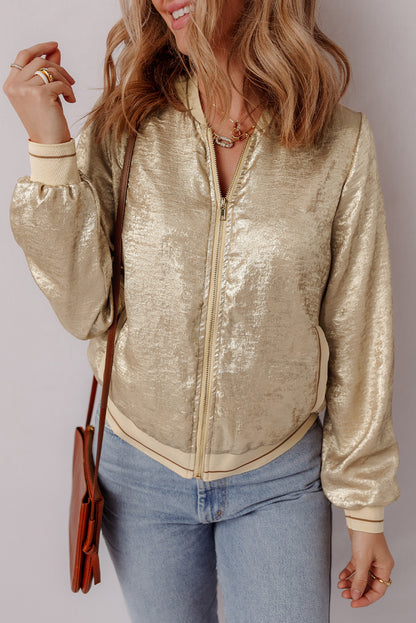 Metallic Zip Up Baseball Jacket | Pale Khaki