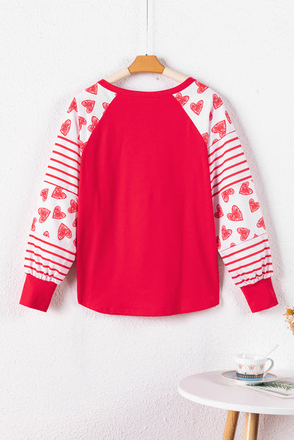 Heart Striped Raglan Sleeve Henley Top | Fiery Red