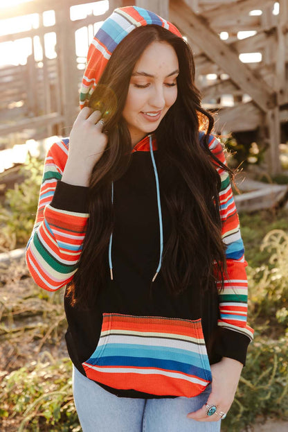 Colourful Striped Patchwork Kangaroo Pocket Hoodie | Multicolour