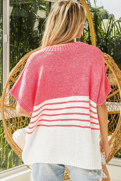 Contrast Stripes V Neck Knitted Short Sleeve Top | Strawberry Pink