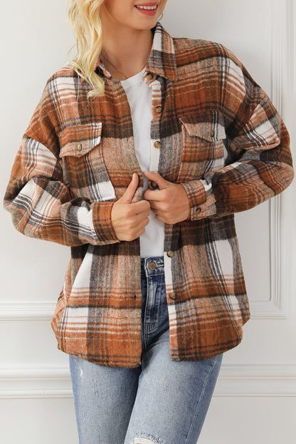 Brown Plaid Flap Pockets Shacket | Gold Flame