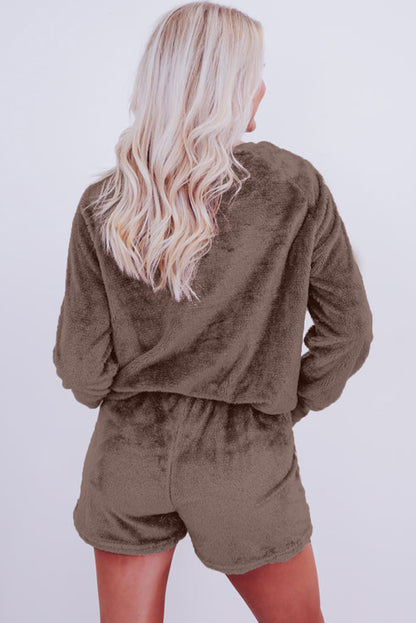 Solid Loose Fit Two Piece Fleece Lounge Set | Coffee