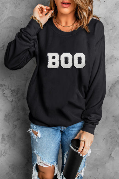 Chenille Boo Patched Pattern Crewneck Halloween Sweatshirt | Black