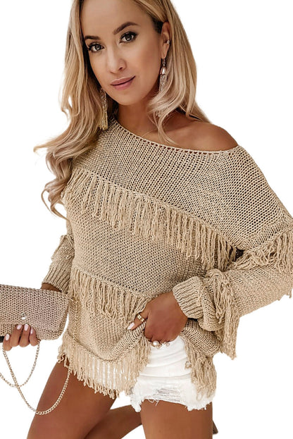 Boho Tasseled Knitted Sweater | Khaki