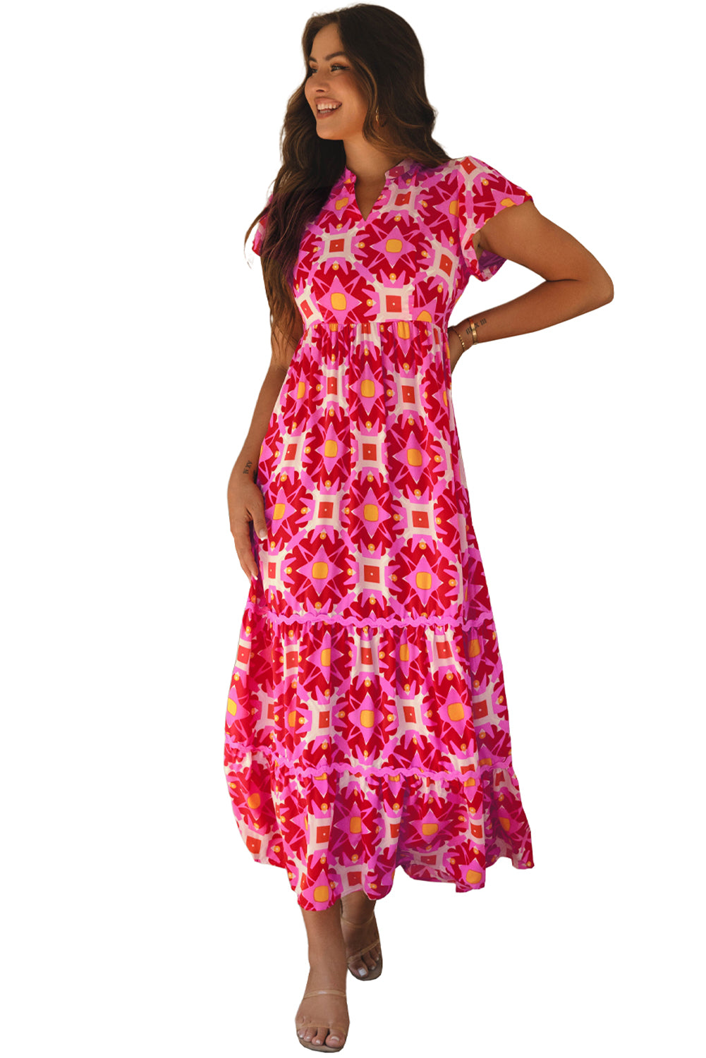 Geo Print V-Neck Maxi Dress | Strawberry Pink