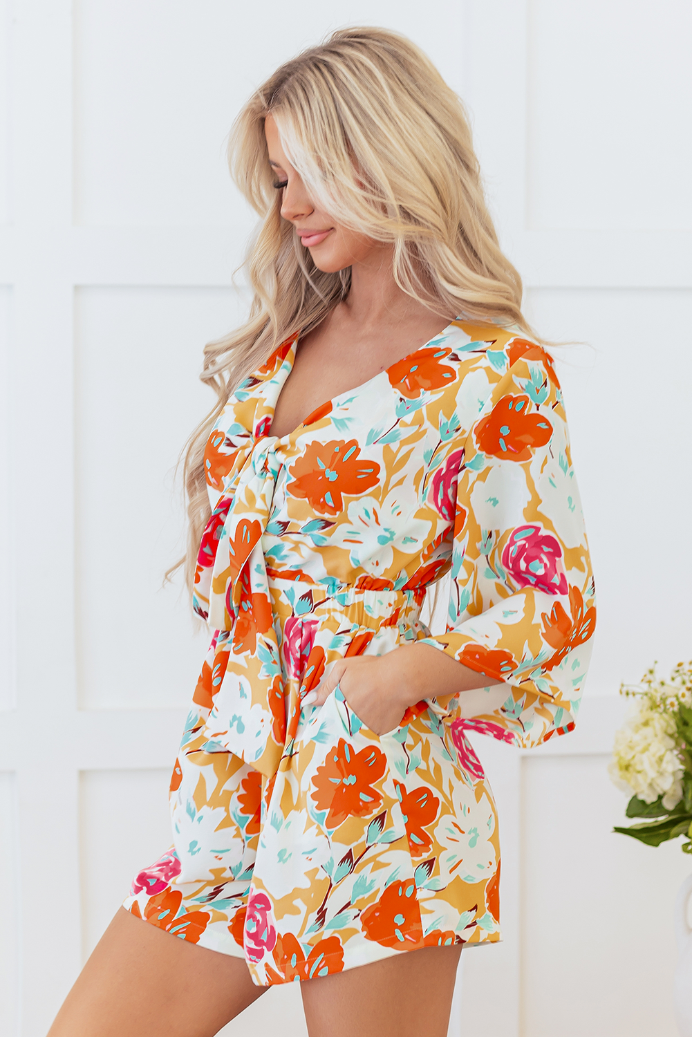 Blooming Floral Print Front Tie Romper | Orange