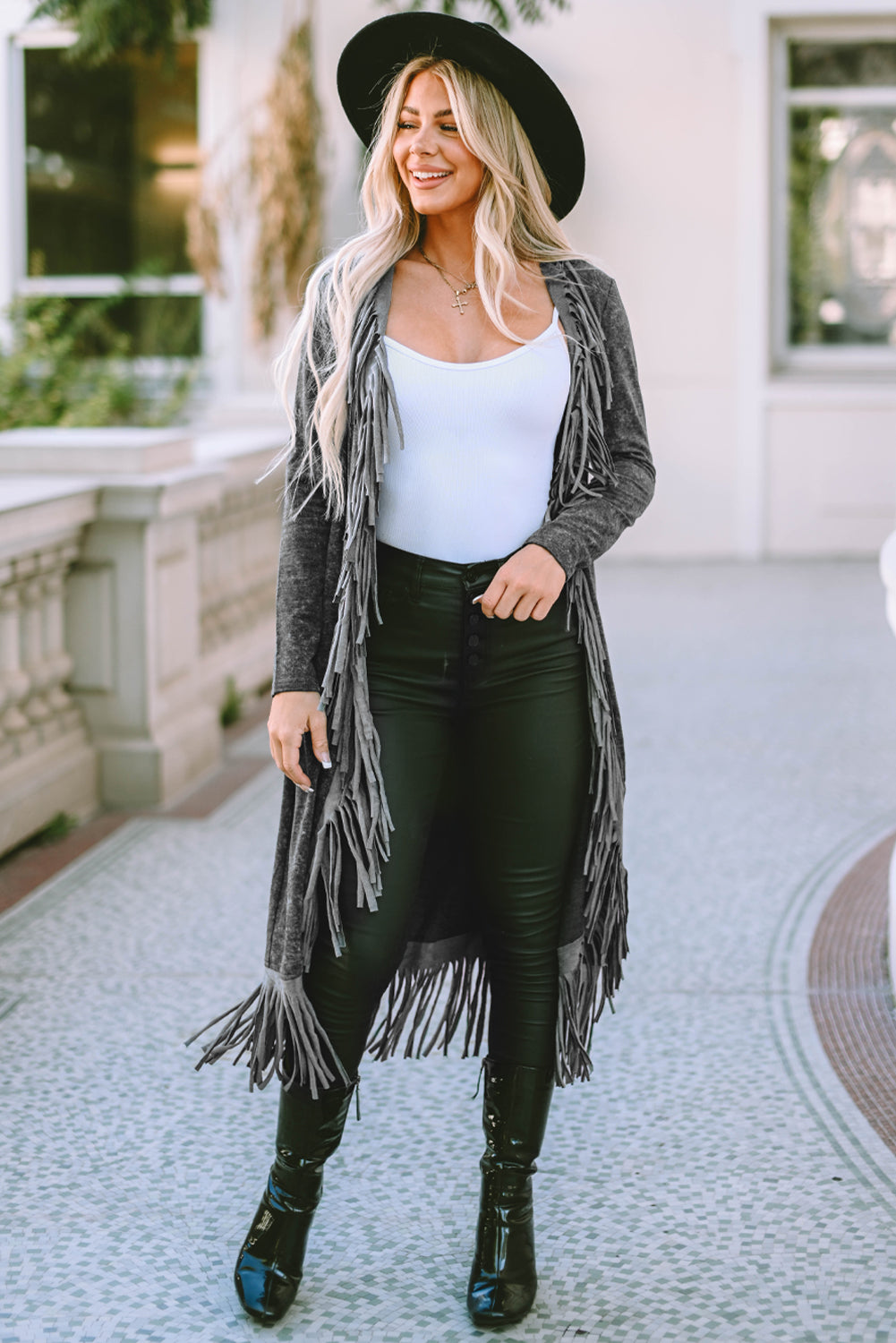 Fringed Hem Pocketed Open Cardigan | Black