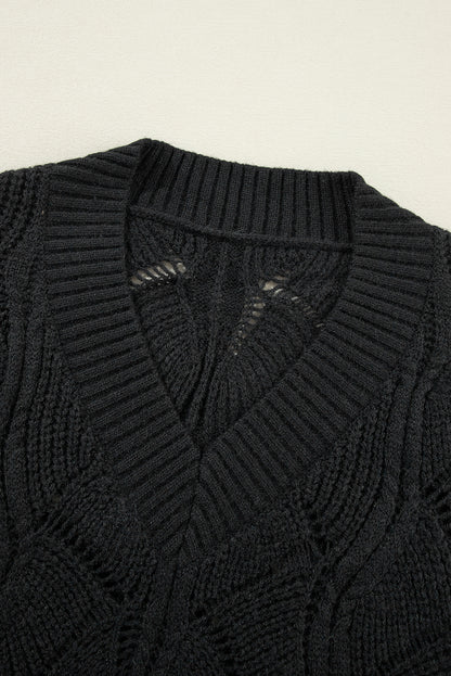 Hollow Out Knit V Neck Drop Shoulder Sweater | Black