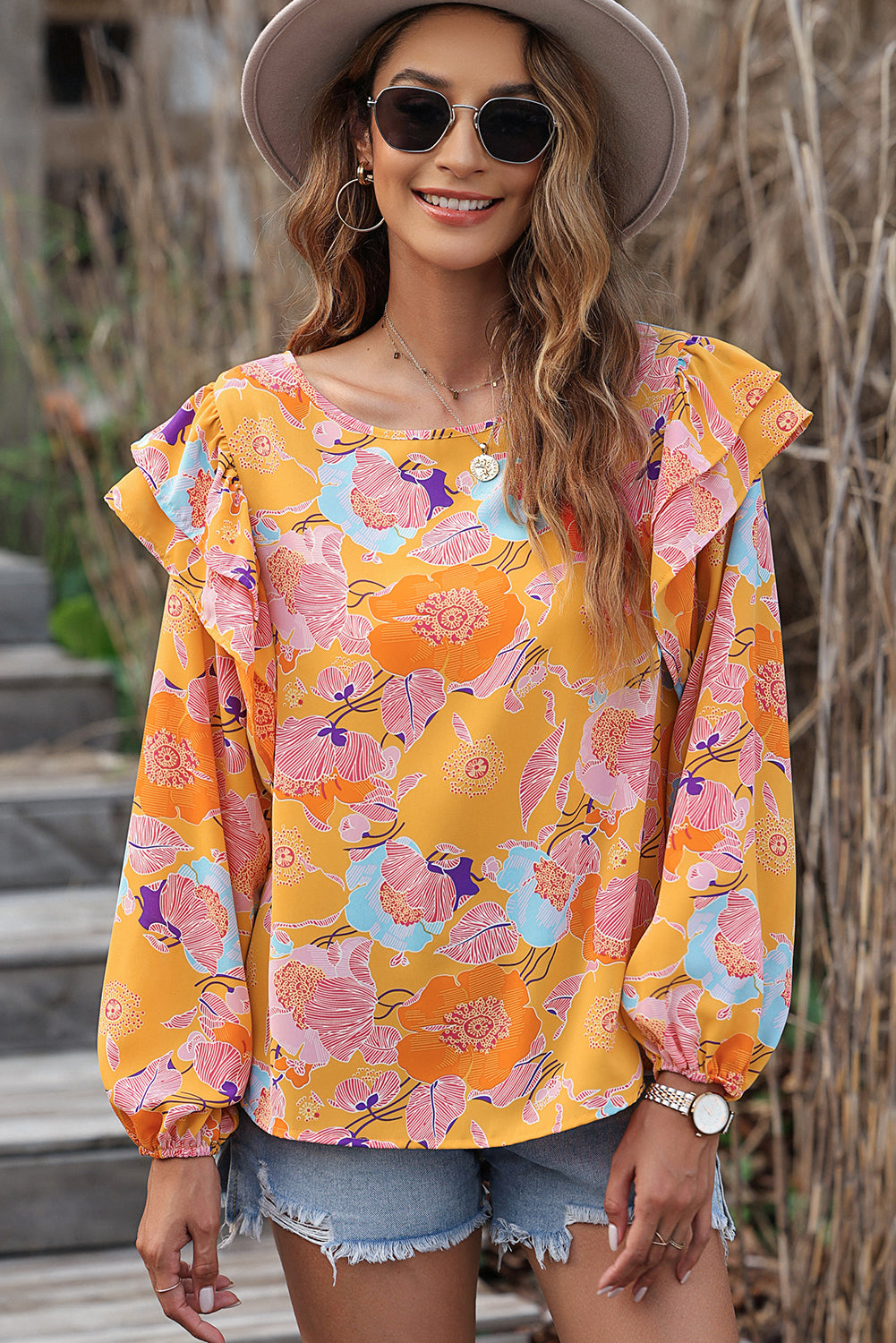 Floral Print Ruffle Puff Sleeve Blouse | Ginger