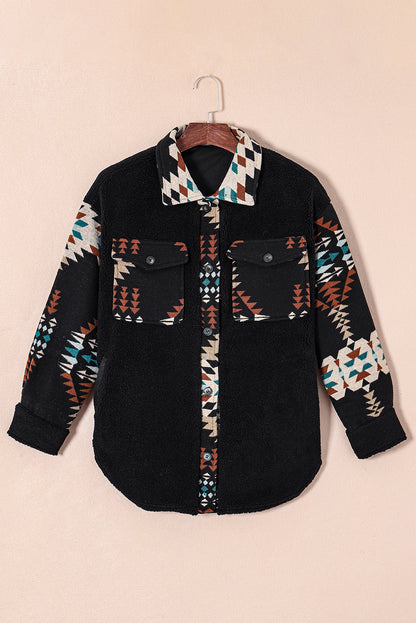 Western Aztec Print Accent Fleece Shacket | Black