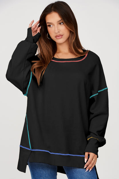 Contrast Stitching Split Baggy Sweatshirt | Black