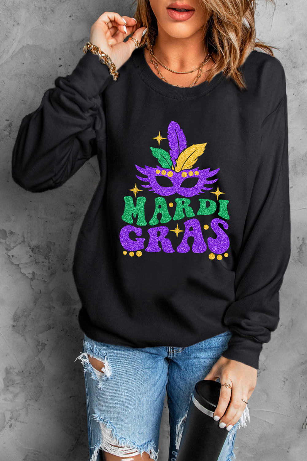 Heat Transfer Mardi Gras Mask Printed Sweatshirt | Black