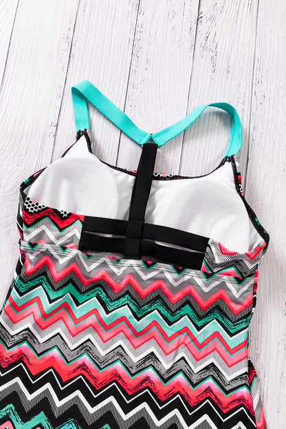 Zigzag Print Y Back Tankini Top | Coral Blue