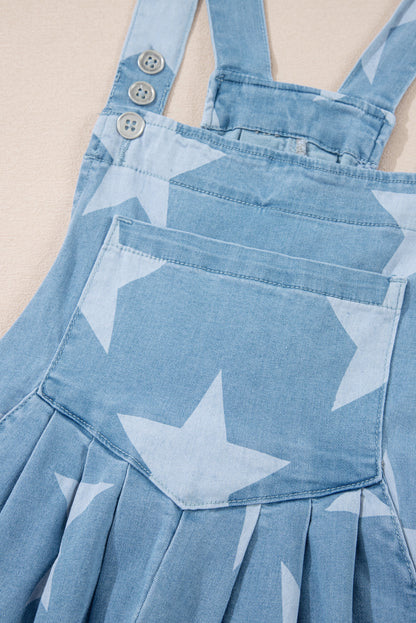 Star Printed Buttoned Straps Pocketed Denim Romper | Light Blue