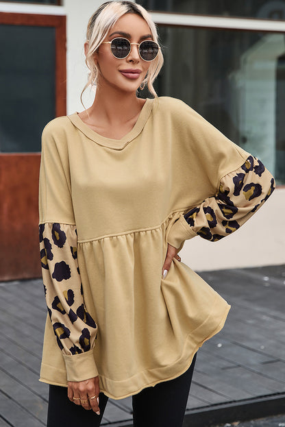 Leopard Splicing Sleeve Ruffle Loose Sweatshirt | Khaki