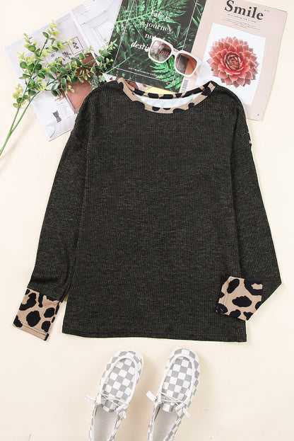 Leopard Contrast Trim Knit Top | Black