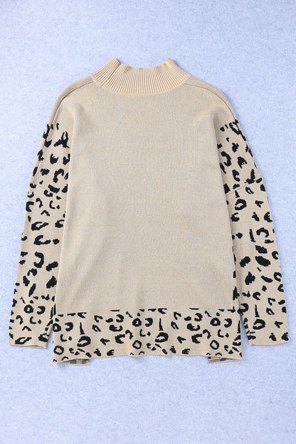 Leopard High Neck Side Slit Oversized Sweater | Khaki