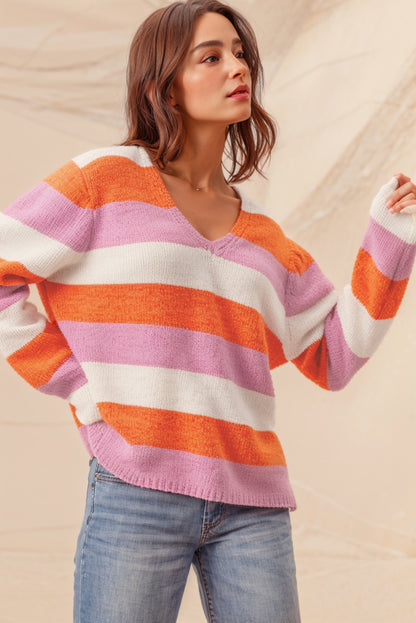 Colourblock V Neck Casual Sweater | Orange Stripe