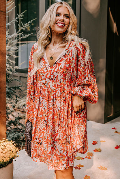 Floral Print Split V Neck Bubble Sleeve Plus Size Midi Dress | Orange