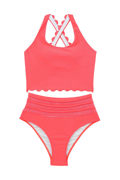 Scalloped Criss Cross High Waist Bikini | Pink