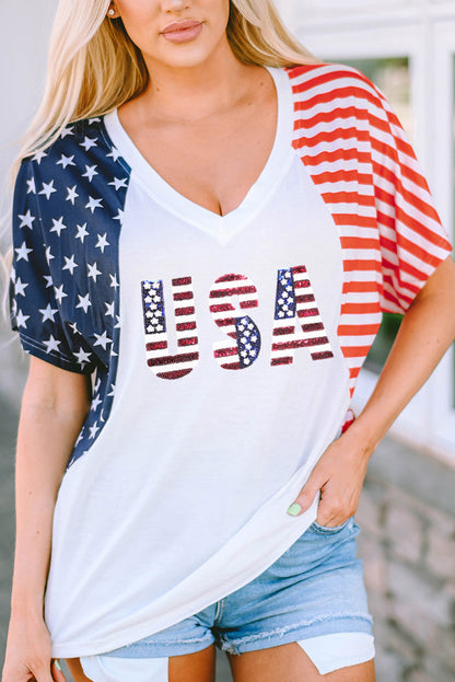 Usa Flag Sequin Patchwork Colour Bock T Shirt | White